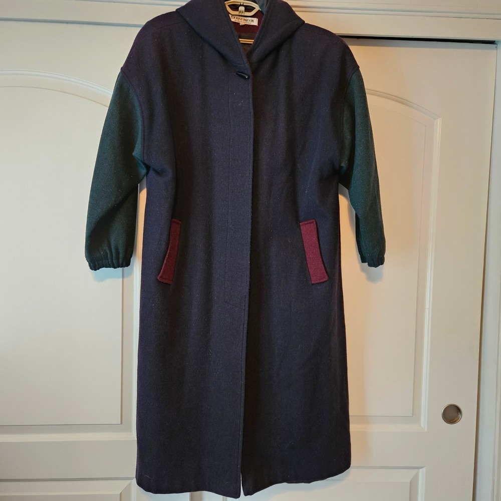Donnybrook Long Coat Womens 22W Colorblock Wool Blend Hooded Navy Green Burgundy